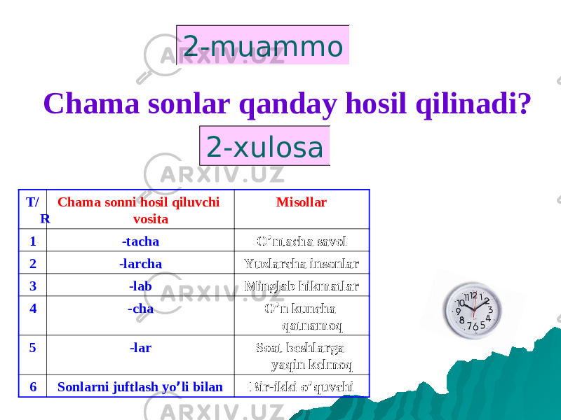 Chama sonlar qanday hosil qilinadi? 2-muammo T/ R Chama sonni hosil qiluvchi vosita Misollar 1 -tacha O ’ ntacha savol 2 -larcha Yuzlarcha insonlar 3 -lab Minglab hikmatlar 4 -cha O ’ n kuncha qatnamoq 5 -lar Soat beshlarga yaqin kelmoq 6 Sonlarni juftlash yo ’ li bilan Bir-ikki o ’ quvchi2-xulosa 