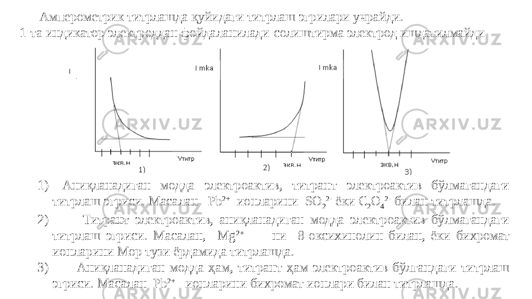 1) Аниқланадиган модда электроактив, титрант электроактив бўлмагандаги титрлаш эгриси. Масалан Pb 2+ ионларини SO 2 2- ёки C 2 O 4 2- билан титрлашда. 2) Титрант электроактив, аниқланадиган модда электроактив бўлмагандаги титрлаш эгриси. Масалан, Mg 2+ ни 8-оксихинолин билан, ёки бихромат ионларини Мор тузи ёрдамида титрлашда. 3) Аниқланадиган модда ҳам, титрант ҳам электроактив бўлгандаги титрлаш эгриси. Масалан Pb 2+ ионларини бихромат ионлари билан титрлашда.Амперометрик титрлашда қуйидаги титрлаш эгрилари учрайди. 1-та индикатор электроддан фойдаланилади-солиштирма электрод ишдатилмайди 