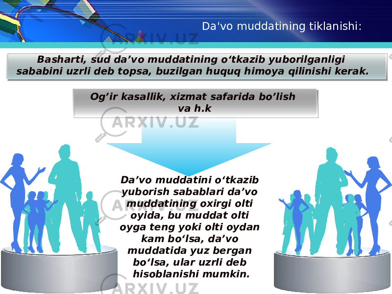 Da&#39;vo muddatining tiklanishi: Og’ir kasallik, xizmat safarida bo’lish va h.kBasharti, sud da’vo muddatining o‘tkazib yuborilganligi sababini uzrli deb topsa, buzilgan huquq himoya qilinishi kerak. Da’vo muddatini o‘tkazib yuborish sabablari da’vo muddatining oxirgi olti oyida, bu muddat olti oyga teng yoki olti oydan kam bo‘lsa, da’vo muddatida yuz bergan bo‘lsa, ular uzrli deb hisoblanishi mumkin. 