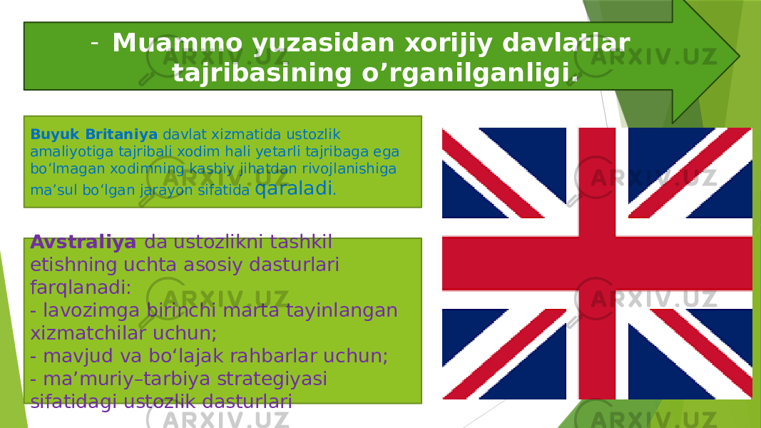 - Muammo yuzasidan xorijiy davlatlar tajribasining o’rganilganligi. Buyuk Britaniya  davlat xizmatida ustozlik amaliyotiga tajribali xodim hali yetarli tajribaga ega bo‘lmagan xodimning kasbiy jihatdan rivojlanishiga ma’sul bo‘lgan jarayon sifatida qaraladi . Avstraliya da ustozlikni tashkil etishning uchta asosiy dasturlari farqlanadi: - lavozimga birinchi marta tayinlangan xizmatchilar uchun; - mavjud va bo‘lajak rahbarlar uchun; - ma’muriy–tarbiya strategiyasi sifatidagi ustozlik dasturlari 