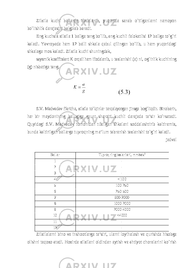 Zilzila kuchi ballarda ifodalanib, yuqorida sanab o`tilganlarni namoyon bo`lishlik darajasini belgilab beradi. Eng kuchsiz zilzila 1 ballga teng bo`lib, eng kuchli falokatlisi 12 ballga to`g`ri keladi. Yevropada ham 12 balli shkala qabul qilingan bo`lib, u ham yuqoridagi shkalaga mos keladi. Zilzila kuchi shuningdek, seysmik koeffitsient K orqali ham ifodalanib, u tezlanishi (a) ni, og`irlik kuchining (g) nisbatiga teng. S.V. Medvedev fikricha, zilzila to`lqinlar tarqalayotgan jinsga bog`liqdir. Binobarin, har bir maydonining balligiga grunt sharoiti kuchli darajada ta’sir ko`rsatadi. Quyidagi S.V. Medvedev tomonidan tuzilgan shkalani soddalashtirib keltiramiz, bunda keltirilgan ballarga tuproqning ma’lum tebranish tezlanishi to`g`ri keladi. jadval Ballar Tuproqning tezlanishi, mm/sek 2 1 - 2 - 3 - 4 < 1 0 0 5 100-250 6 250-500 7 500-2000 8 1000-2000 9 2000-4000 10 <4000 11 - 12 - Zilzilalarni bino va inshootlarga ta ’ siri , ularni loyihalash va qurishda hisobga olishni taqozo etadi . Hozirda zilzilani oldindan aytish va ehtiyot choralarini ko ` rish 