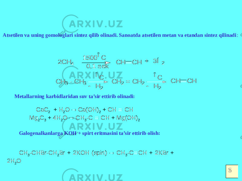 Atsetilen va uning gomologlari sintez qilib olinadi. Sanoatda atsetilen metan va etandan sintez qilinadi : + 3 Í 2 0 ,1 s e k 1 5 0 0 î C 2 C H 4 - H 2 î C - H 2 î C C H C H C H C H C H 3 - C H 3 C H 2 = C H 2 Metallarning karbidlaridan suv ta’sir ettirib olinadi: CaC 2 + H 2 O  Ca(OH) 2 + CH  CH Mg 2 C 3 + 4H 2 O  CH 3 -C  CH + Mg(OH) 2 Galogenalkanlarga KOH + spirt eritmasini ta’sir ettirib olish: CH 3 -CHBr-CH 2 Br + 2KOH (spirt)  CH 3 -C  CH + 2KBr + 2H 2 O 5 