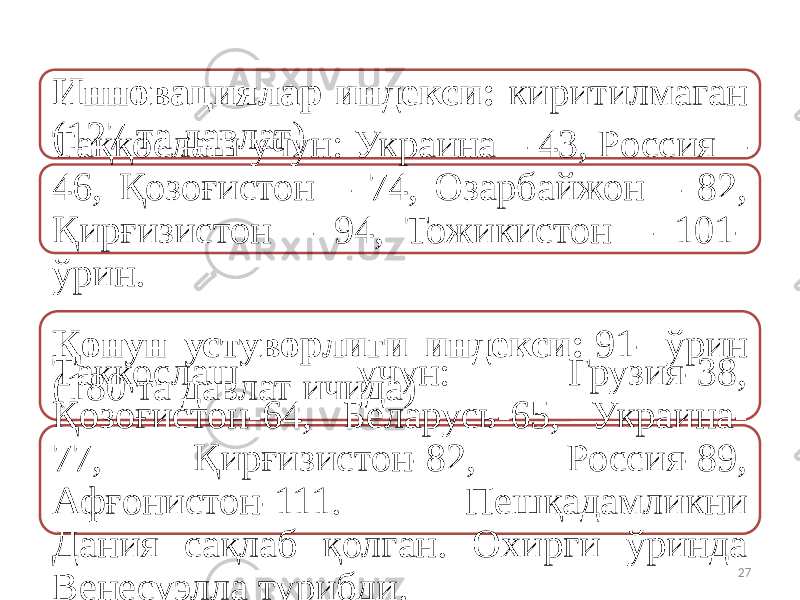 Инновациялар индекси: киритилмаган (127 та давлат) Таққослаш учун: Украина – 43, Россия – 46, Қозоғистон – 74, Озарбайжон – 82, Қирғизистон – 94, Тожикистон – 101- ўрин. 27Қонун устуворлиги индекси:  91- ўрин (180 та давлат ичида)Таққослаш учун: Грузия-38, Қозоғистон-64, Беларусь-65, Украина- 77, Қирғизистон-82, Россия-89, Афғонистон-111. Пешқадамликни Дания сақлаб қолган. Охирги ўринда Венесуэлла турибди. 