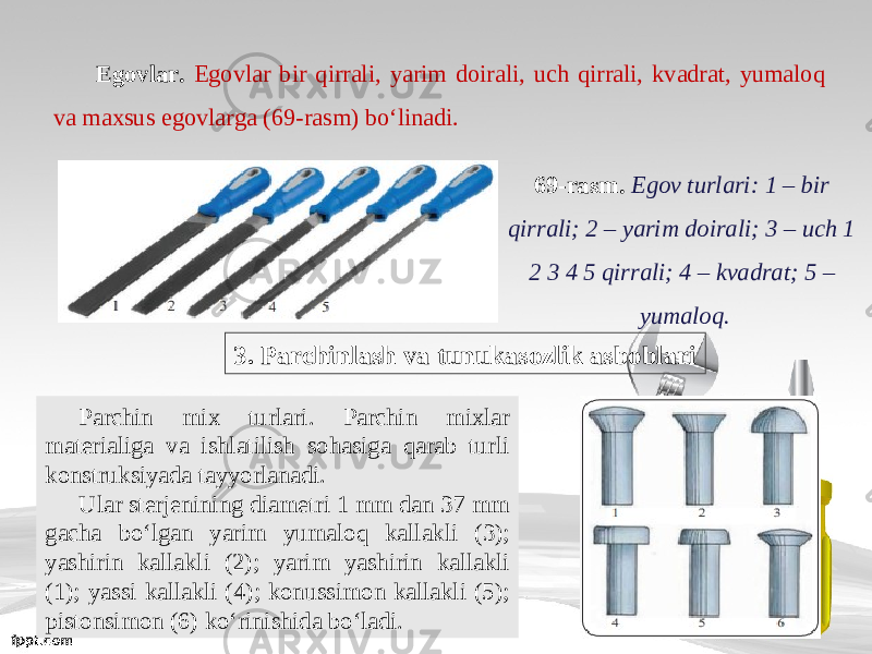 Egovlar. Egovlar bir qirrali, yarim doirali, uch qirrali, kvadrat, yumaloq va maxsus egovlarga (69-rasm) bo‘linadi. 69-rasm. Egov turlari: 1 – bir qirrali; 2 – yarim doirali; 3 – uch 1 2 3 4 5 qirrali; 4 – kvadrat; 5 – yumaloq. 3. Parchinlash va tunukasozlik asboblari Parchin mix turlari. Parchin mixlar materialiga va ishlatilish sohasiga qarab turli konstruksiyada tayyorlanadi. Ular sterjenining diametri 1 mm dan 37 mm gacha b о‘ lgan yarim yumaloq kallakli (3); yashirin kallakli (2); yarim yashirin kallakli (1); yassi kallakli (4); konussimon kallakli (5); pistonsimon (6) k о‘ rinishida b о‘ ladi. 