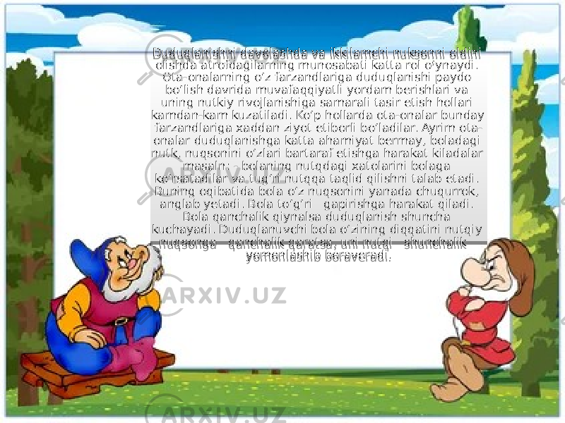 Duduqlanishni davolashda va ikkilamchi nuksonni oldini olishda atrofdagilarning munosabati katta rol o‘ynaydi. Ota-onalarning o‘z farzandlariga duduqlanishi paydo bo‘lish davrida muvafaqqiyatli yordam berishlari va uning nutkiy rivojlanishiga samarali tasir etish hollari kamdan-kam kuzatiladi. Ko‘p hollarda ota-onalar bunday farzandlariga xaddan ziyot etiborli bo‘ladilar. Ayrim ota- onalar duduqlanishga katta ahamiyat bermay, boladagi nutk, nuqsonini o‘zlari bartaraf etishga harakat kiladalar masaln: - bolaning nutqdagi xatolarini bolaga ko‘rsatadilar va tug‘ri nutqqa taqlid qilishni talab etadi. Buning oqibatida bola o‘z nuqsonini yanada chuqurrok, anglab yetadi. Bola to‘g‘ri gapirishga harakat qiladi. Bola qanchalik qiynalsa duduqlanish shuncha kuchayadi. Duduqlanuvchi bola o‘zining diqqatini nutqiy nuqsonga qanchalik qaratsa, uni nutqi shunchalik yomonlashib boraveradi. 32 28 0D201A0B 30 21221E 2A 3A1A 28 2221 2B 2A 0E21221E 1A 0E28 2A 22211D 27 