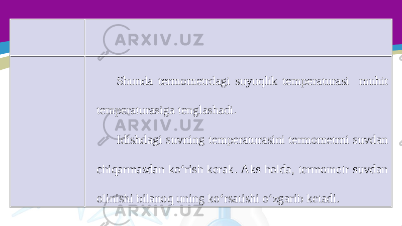 Shunda termometrdagi suyuqlik temperaturasi muhit temperaturasiga tenglashadi. Idishdagi suvning temperaturasini termometrni suvdan chiqarmasdan ko‘rish kerak. Aks holda, termometr suvdan olinishi bilanoq uning ko‘rsatishi o‘zgarib ketadi. 