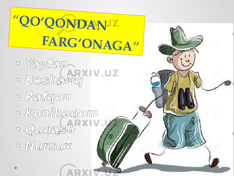 “ Q O ‘ Q O N D A N F A R G ‘ O N A G A ”• Yayfan • Beshariq • Rafqon • Konibodom • Qudash • Nursux 