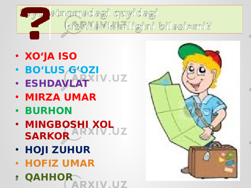 Sayohatnomadagi quyidagi kishilar kimligini bilasizmi? • XO‘JA ISO • BO‘LUS G‘OZI • ESHDAVLAT • MIRZA UMAR • BURHON • MINGBOSHI XOL SARKOR • HOJI ZUHUR • HOFIZ UMAR • QAHHOR 