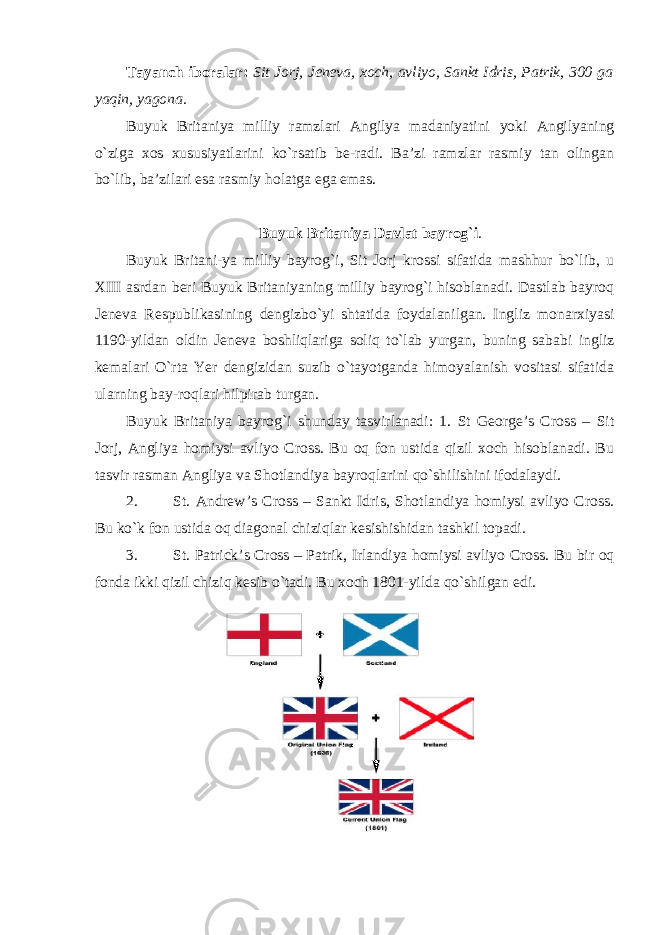 Tayanch iboralar: Sit Jorj, Jeneva, xoch, avliyo, Sankt Idris, Patrik, 300 ga yaqin, yagona. Buyuk Britaniya milliy ramzlari Angilya madaniyatini yoki Angilyaning o `ziga xos xususiyatlarini ko`rsatib be-radi. Ba’zi ramzlar rasmiy tan olingan bo`lib, ba’zilari esa rasmiy holatga ega emas. Buyuk Britaniya Davlat bayrog `i . Buyuk Britani-ya milliy bayrog`i, Sit Jorj krossi sifatida mashhur bo`lib, u XIII asrdan beri Buyuk Britaniyaning milliy bayrog`i hisoblanadi. Dastlab bayroq Jeneva Respublikasining dengizbo`yi shtatida foydalanilgan. Ingliz monarxiyasi 1190-yildan oldin Jeneva boshliqlariga soliq to`lab yurgan, buning sababi ingliz kemalari O`rta Yer dengizidan suzib o`tayotganda himoyalanish vositasi sifatida ularning bay-roqlari hilpirab turgan. Buyuk Britaniya bayrog `i shunday tasvirlanadi: 1. St George’s Cross – Sit Jorj, Angliya homiysi avliyo Cross. Bu oq fon ustida qizil xoch hisoblanadi. Bu tasvir rasman Angliya va Shotlandiya bayroqlarini qo `shilishini ifodalaydi. 2. St. Andrew ’s Cross – Sankt Idris, Shotlandiya homiysi avliyo Cross. Bu ko`k fon ustida oq diagonal chiziqlar kesishishidan tashkil topadi. 3. St. Patrick ’s Cross – Patrik, Irlandiya homiysi avliyo Cross. Bu bir oq fonda ikki qizil chiziq kesib o`tadi. Bu xoch 1801-yilda qo`shilgan edi. 