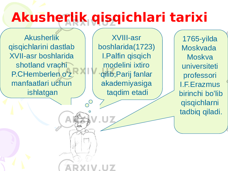 Akusherlik qisqichlari tarixi Akusherlik qisqichlarini dastlab XVII-asr boshlarida shotland vrachi P.CHemberlen o’z manfaatlari uchun ishlatgan XVIII-asr boshlarida(1723) I.Palfin qisqich modelini ixtiro qilib,Parij fanlar akademiyasiga taqdim etadi 1765-yilda Moskvada Moskva universiteti professori I.F.Erazmus birinchi bo’lib qisqichlarni tadbiq qiladi. 