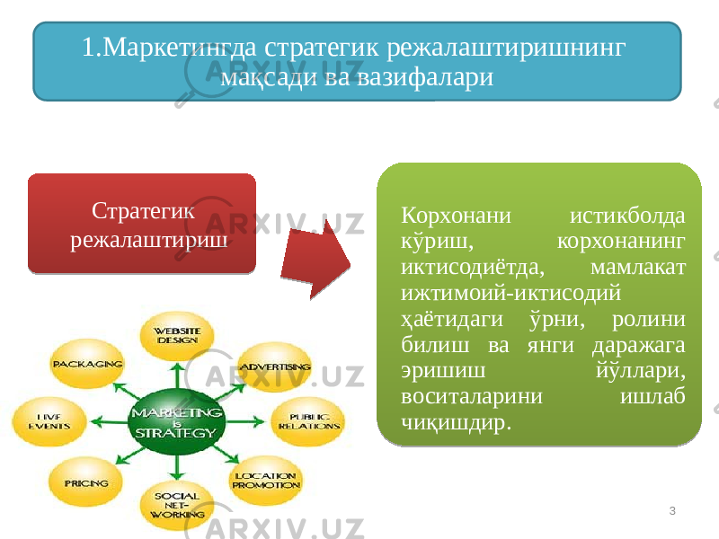 05/11/2025 31.Маркетингда стратегик режалаштиришнинг мақсади ва вазифалари Стратегик режалаштириш Корхонани истикболда кўриш, корхонанинг иктисодиётда, мамлакат ижтимоий-иктисодий ҳаётидаги ўрни, ролини билиш ва янги даражага эришиш йўллари, воситаларини ишлаб чиқишдир.19 04 0709 24 08 0B 0B 2906 1D0B 2B070B 15 1E 