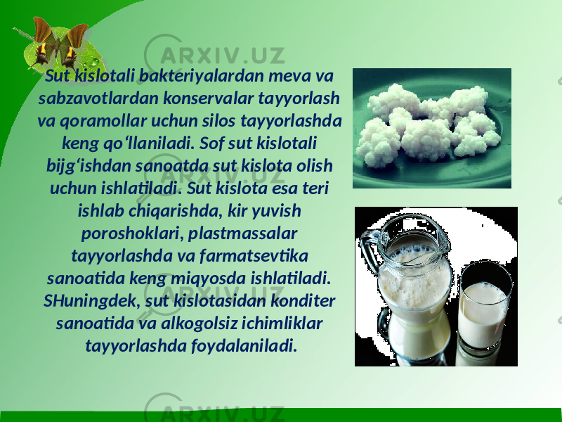 Sut kislotali bakteriyalardan meva va sabzavotlardan konservalar tayyorlash va qoramollar uchun silos tayyorlashda keng qo‘llaniladi. Sof sut kislotali bijg‘ishdan sanoatda sut kislota olish uchun ishlatiladi. Sut kislota esa teri ishlab chiqarishda, kir yuvish poroshoklari, plastmassalar tayyorlashda va farmatsevtika sanoatida keng miqyosda ishlatiladi. SHuningdek, sut kislotasidan konditer sanoatida va alkogolsiz ichimliklar tayyorlashda foydalaniladi. 