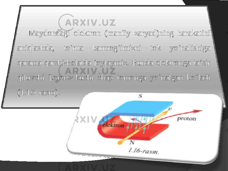 Maydondagi elektron (manfiy zaryad)ning harakatini aniqlashda, to‘rtta barmog‘imizni tok yo‘nalishiga qarama-qarshi holatda joylaymiz. Bunda elektronga ta’sir qiluvchi Lorens kuchi chap tomonga yo‘nalgan bo‘ladi (1.16- rasm). 