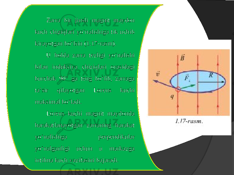 Zarra bir jinsli magnit maydon kuch chiziqlari yo‘nalishiga tik uchib kirayotgan bo‘lsin (1.17-rasm). U holda zarra tezligi yo‘nalishi bilan induksiya chiziqlari orasidagi burchak 90° ga teng bo‘lib, zarraga ta’sir qilayotgan Lorens kuchi maksimal bo‘ladi. Lorens kuchi magnit maydonda harakatlanayotgan zarraning harakat yo‘nalishiga p е rp е ndikular yo‘nalganligi uchun u markazga intilma kuch vazifasini bajaradi. 