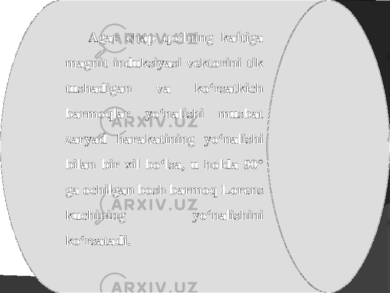 Agar chap qo‘lning kaftiga magnit induksiyasi v е kt о rini tik tushadigan va ko‘rsatkich barm о qlar yo‘nalishi musbat zaryad harakatining yo‘nalishi bilan bir xil bo‘lsa, u h о lda 90° ga ochilgan bosh barm о q Lorens kuchining yo‘nalishini ko‘rsatadi. 