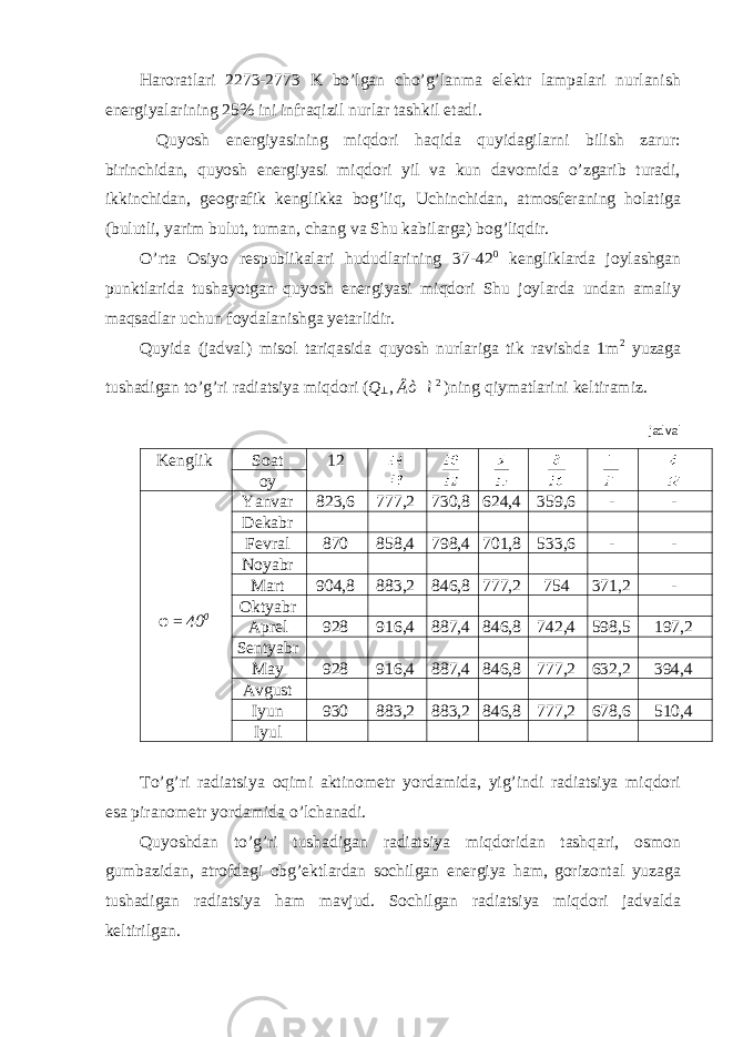 Haroratlari 2273-2773 K bo’lgan cho’g’lanma elektr lampalari nurlanish energiyalarining 25% ini infraqizil nurlar tashkil etadi. Quyosh energiyasining miqdori haqida quyidagilarni bilish zarur: birinchidan, quyosh energiyasi miqdori yil va kun davomida o’zgarib turadi, ikkinchidan, geografik kenglikka bog’liq, Uchinchidan, atmosferaning holatiga (bulutli, yarim bulut, tuman, chang va Shu kabilarga) bog’liqdir. O’rta Osiyo respublikalari hududlarining 37-42 0 kengliklarda joylashgan punktlarida tushayotgan quyosh energiyasi miqdori Shu joylarda undan amaliy maqsadlar uchun foydalanishga yetarlidir. Quyida (jadval) misol tariqasida quyosh nurlariga tik ravishda 1m 2 yuzaga tushadigan to’g’ri radiatsiya miqdori ( Q ⊥ , Âò ì 2 )ning qiymatlarini keltiramiz. jadval Kenglik Soat 12 oy φ = 40 0 Yanvar 823,6 777,2 730,8 624,4 359,6 - - Dekabr Fevral 870 858,4 798,4 701,8 533,6 - - Noyabr Mart 904,8 883,2 846,8 777,2 754 371,2 - Oktyabr Aprel 928 916,4 887,4 846,8 742,4 598,5 197,2 Sentyabr May 928 916,4 887,4 846,8 777,2 632,2 394,4 Avgust Iyun 930 883,2 883,2 846,8 777,2 678,6 510,4 Iyul To’g’ri radiatsiya oqimi aktinometr yordamida, yig’indi radiatsiya miqdori esa piranometr yordamida o’lchanadi. Quyoshdan to’g’ri tushadigan radiatsiya miqdoridan tashqari, osmon gumbazidan, atrofdagi obg’ektlardan sochilgan energiya ham, gorizontal yuzaga tushadigan radiatsiya ham mavjud. Sochilgan radiatsiya miqdori jadvalda keltirilgan. 