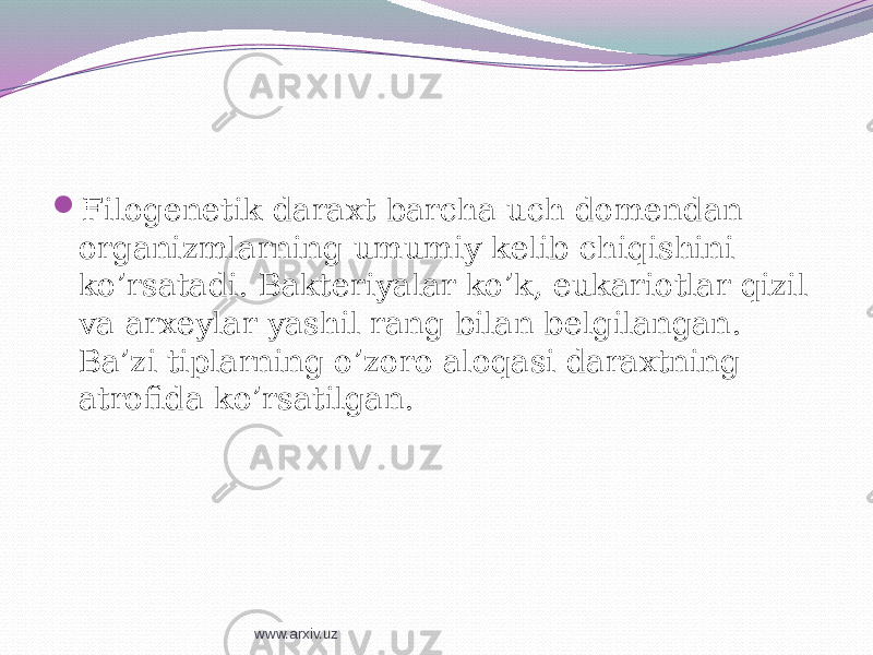  Filogenetik daraxt barcha uch domendan organizmlarning umumiy kelib chiqishini ko’rsatadi. Bakteriyalar ko’k, eukariotlar qizil va arxeylar yashil rang bilan belgilangan. Ba’zi tiplarning o’zoro aloqasi daraxtning atrofida ko’rsatilgan. www.arxiv.uz 