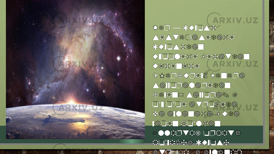 Yer Quyosh — sistemasidagi Quyoshdan uzoqligi jihatdan uchinchi (Merkuriy, Venera sayyoralaridan keyin) sayyora. U o z o qi atrofida ʻ ʻ va aylanaga juda yaqin bo lgan ʻ elliptik orbita bo yicha Quyosh ʻ atrofida aylanib turadi. 