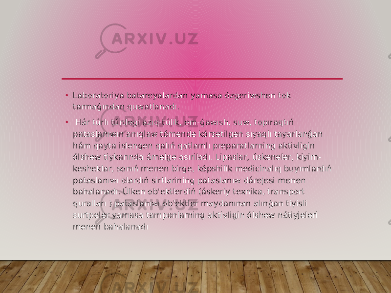 • Laboratoriya batareyalardan yamasa ózgeriwshen tok tarmaǵından quwatlanadı. • Hár túrlı túrdegi azıq-túlik, em-ǵawısh, suw, topıraqtıń pataslanıwın anıqlaw tómende kórsetilgen sıyaqlı tayarlanǵan hám qayta islengen qalıń qatlamlı preparatlarning aktivligin ólshew tiykarında ámelge asıriladı. Lipaslar, úskeneler, kiyim- kesheklar, sonıń menen birge, kópshilik medicinalıq buyımlardıń pataslanıwı olardıń sirtlarining pataslanıw dárejesi menen bahalanadı. Úlken ob&#39;ektlerdiń (áskeriy texnika, transport quralları ) pataslanıwı ob&#39;ektler maydanınan alınǵan tiyisli surtpeler yamasa tamponlarning aktivligin ólshew nátiyjeleri menen bahalanadı 