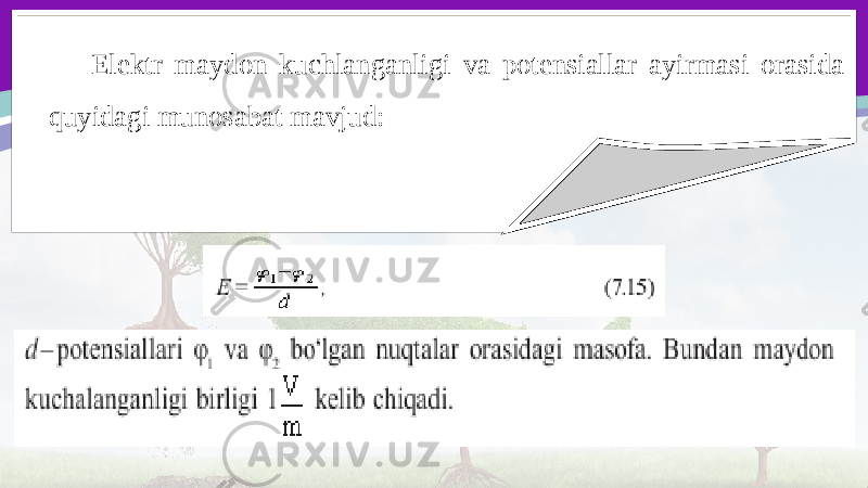 Elektr maydon kuchlanganligi va potensiallar ayirmasi orasida quyidagi munosabat mavjud: 