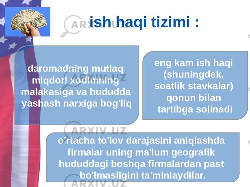 ish haqi tizimi : eng kam ish haqi (shuningdek, soatlik stavkalar) qonun bilan tartibga solinadi o&#39;rtacha to&#39;lov darajasini aniqlashda firmalar uning ma&#39;lum geografik hududdagi boshqa firmalardan past bo&#39;lmasligini ta&#39;minlaydilar.daromadning mutlaq miqdori xodimning malakasiga va hududda yashash narxiga bog&#39;liq 