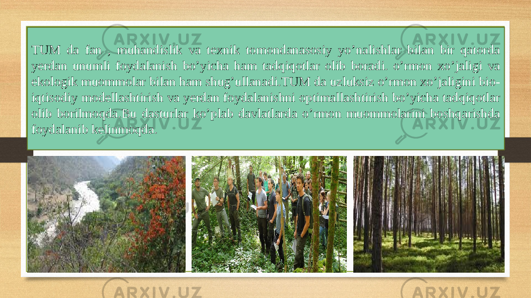 TUM da fan , muhandislik va texnik tomondanasosiy yo’nalishlar bilan bir qatorda yerdan unumli foydalanish bo’yicha ham tadqiqotlar olib boradi. o’rmon xo’jaligi va ekologik muommolar bilan ham shug’ullanadi.TUM da uzluksiz o’rmon xo’jaligini bio- iqtisodiy modellashtirish va yerdan foydalanishni optimallashtirish bo’yicha tadqiqotlar olib borilmoqda.Bu dasturlar ko’plab davlatlarda o’rmon muommolarini boshqarishda foydalanib kelinmoqda. 