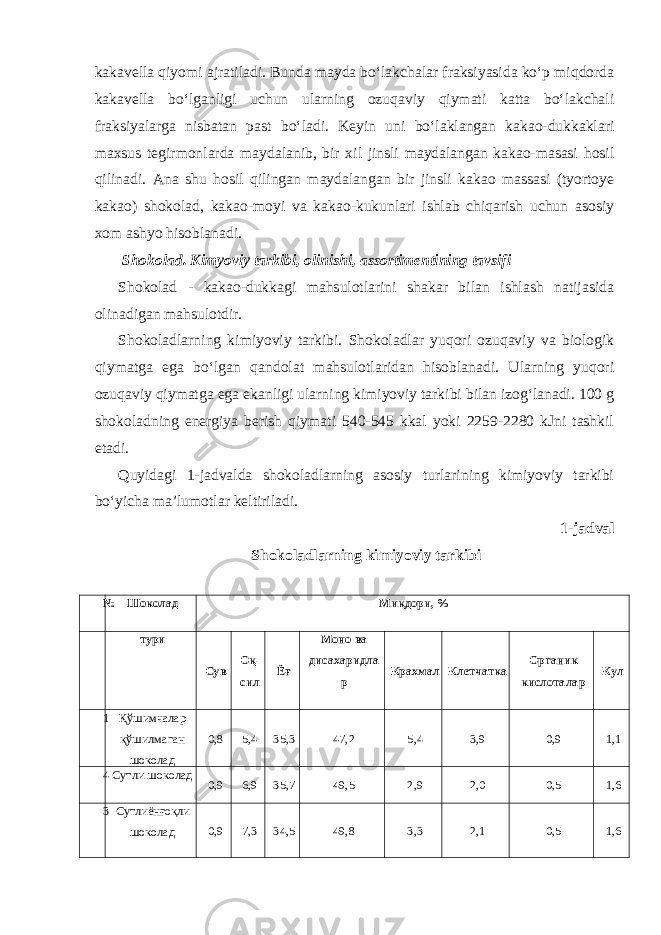 kakavella qiyomi ajratiladi. Bunda mayda bo‘lakchalar fraksiyasida ko‘p miqdorda kakavella bo‘lganligi uchun ularning ozuqaviy qiymati katta bo‘lakchali fraksiyalarga nisbatan past bo‘ladi. Keyin uni bo‘laklangan kakao-dukkaklari maxsus tegirmonlarda maydalanib, bir xil jinsli maydalangan kakao-masasi hosil qilinadi. Ana shu hosil qilingan maydalangan bir jinsli kakao massasi (tyortoye kakao) shokolad, kakao-moyi va kakao-kukunlari ishlab chiqarish uchun asosiy xom ashyo hisoblanadi. Shokolad. Kimyoviy tarkibi, olinishi, assortimentining tavsifi Shokolad - kakao-dukkagi mahsulotlarini shakar bilan ishlash natijasida olinadigan mahsulotdir. Shokoladlarning kimiyoviy tarkibi. Shokoladlar yuqori ozuqaviy va biologik qiymatga ega bo‘lgan qandolat mahsulotlaridan hisoblanadi. Ularning yuqori ozuqaviy qiymatga ega ekanligi ularning kimiyoviy tarkibi bilan izog‘lanadi. 100 g shokoladning energiya berish qiymati 540-545 kkal yoki 2259-2280 kJni tashkil etadi. Quyidagi 1-jadvalda shokoladlarning asosiy turlarining kimiyoviy tarkibi bo‘yicha ma’lumotlar keltiriladi. 1-jadval Shokoladlarning kimiyoviy tarkibi № Шоколад Миқдори, % тури Сув Оқ- сил Ёғ Моно ва дисахаридла р Крахмал Клетчатка Органик кислоталар Кул 1 Қўшимчалар қўшилмаган шоколад 0,8 5,4 35,3 47,2 5,4 3,9 0,9 1,1 4 Сутли шоколад 0,9 6,9 35,7 49,5 2,9 2,0 0,5 1,6 3 Сутлиёнғоқли шоколад 0,9 7,3 34,5 49,8 3,3 2,1 0,5 1,6 