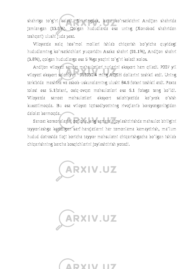 shahriga to`g`ri keladi. Shuningdek, katta ko`rsatkichni Andijon shahrida jamlangan (13.6%). Qolgan hududlarda esa uning (Xonobod shahridan tashqari) ulushi juda past. Viloyatda xalq iste`mol mollari ishlab chiqarish bo`yicha quyidagi hududlarning ko`rsatkichlari yuqoridir: Asaka shahri (91.1%), Andijon shahri (3.8%), qolgan hududlarga esa 5 %ga yaqini to`g`ri keladi xolos. Andijon viloyati sanoat mahsulotlari turlarini eksport ham qiladi. 2007 yil viloyati eksport salohiyati 916930.4 ming AQSH dollarini tashkil etdi. Uning tarkibida mashina va asbob-uskunalarning ulushi 84.6 foizni tashkil etdi. Paxta tolasi esa 5.1foizni, oziq-ovqat mahsulotlari esa 6.1 foizga teng bo`ldi. Viloyatda sanoat mahsulotlari eksport salohiyatida ko`prok o`sish kuzatilmoqda. Bu esa viloyat iqtisodiyotining rivojlanib borayotganligidan dalolat bermoqda. Sanoat korxonalarini oqilona, eng samarali joylashtirishda mahsulot birligini tayyorlashga ketadigan sarf-harajatlarni har tomonlama kamaytirish, ma`lum hudud doirasida iloji boricha tayyor mahsulotni chiqarishgacha bo`lgan ishlab chiqarishning barcha bosqichlarini joylashtirish yotadi. 