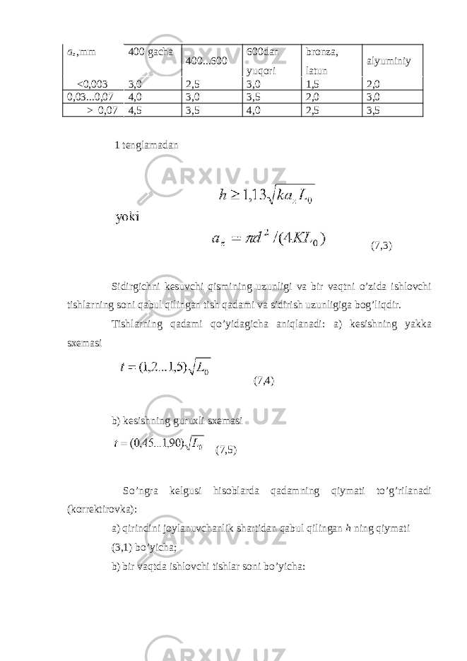 a z ,mm bronza, latun alyuminiy 400 gacha 400...600 600dan yuqori <0,003 3,0 2,5 3,0 1,5 2,0 0,03...0,07 4,0 3,0 3,5 2,0 3,0 >  0,07 4,5 3,5 4,0 2,5 3,5 1 tenglamadan (7,3) Sidirgichni kesuvchi qismining uzunligi va bir vaqtni o’zida ishlovchi tishlarning soni qabul qilingan tish qadami va sidirish uzunligiga bog’liqdir. Tishlarning qadami qo’yidagicha aniqlanadi: a) kesishning yakka sxemasi (7,4) b) kesishning guruxli sxemasi (7,5) So’ngra kelgusi hisoblarda qadamning qiymati to’g’rilanadi (korrektirovka): a) qirindini joylanuvchanlik shartidan qabul qilingan h ning qiymati (3,1) bo’yicha; b) bir vaqtda ishlovchi tishlar soni bo’yicha: 