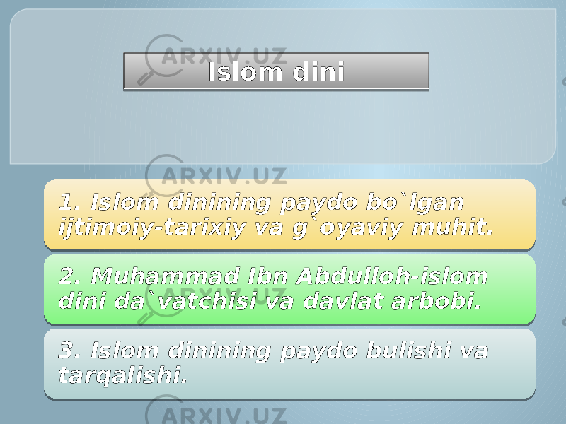 1. Islom dinining paydo bo`lgan ijtimoiy-tarixiy va g`oyaviy muhit. 2. Muhammad Ibn Abdulloh-islom dini da`vatchisi va davlat arbobi. 3. Islom dinining paydo bulishi va tarqalishi. Islom dini 01 0A 1A 09 1E 130E 0102 