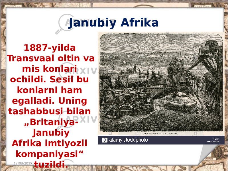 Janubiy Afrika 12/08/2019 81887-yilda Transvaal oltin va mis konlari ochildi. Sesil bu konlarni ham egalladi. Uning tashabbusi bilan „Britaniya- Janubiy Afrika imtiyozli kompaniyasi“ tuzildi. 