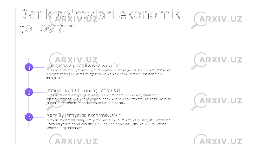 Bank so&#39;rovlari ekonomik to&#39;lovlari 1 Lang&#39;obaviy moliyaviy zararlar Bank so&#39;rovlari to&#39;g&#39;ridan-to&#39;g&#39;ri moliyaviy zararlarga olib keladi, shu jumladan o&#39;qilgan naqd pul, zarar ko&#39;rgan mulk, va xavfsizlik darajasi oshirishning xarajatlari. 2 Jamoat uchun noaniq to&#39;lovlari Bank so&#39;rovlari jamiyatga noaniq to&#39;lovlarni ham olib keladi, masalan, osonlashtirilgan sug&#39;urta to&#39;lovlari, bank xodimlariga travma, va bank tizimiga jamoatning ishonchining kamayishiga olib keladi. 3 Mahalliy jamiyatga ekonomik ta&#39;siri Bank so&#39;rovlari mahalliy jamiyatga katta ekonomik ta&#39;sir qoladi, shu jumladan, investitsiyalarning kamayishi, ish o&#39;rinlarining yo&#39;qotilishi, va iste&#39;molchilar ishonchining kamayishi. 