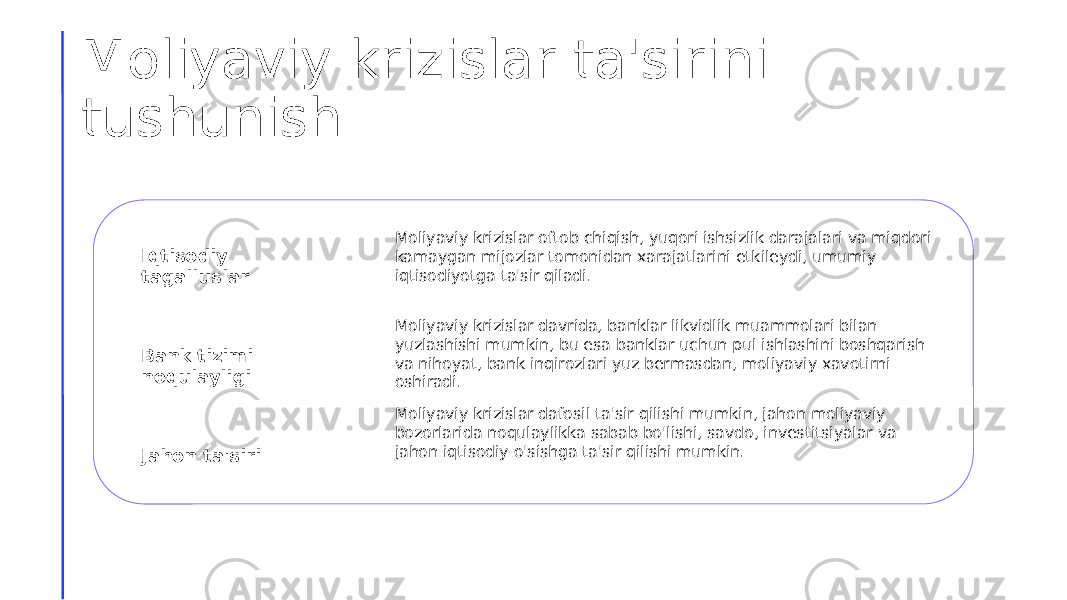 Moliyaviy krizislar ta&#39;sirini tushunish Iqtisodiy tagalluslar Bank tizimi noqulayligi Jahon ta&#39;siri Moliyaviy krizislar oftob chiqish, yuqori ishsizlik darajalari va miqdori kamaygan mijozlar tomonidan xarajatlarini etkileydi, umumiy iqtisodiyotga ta&#39;sir qiladi. Moliyaviy krizislar davrida, banklar likvidlik muammolari bilan yuzlashishi mumkin, bu esa banklar uchun pul ishlashini boshqarish va nihoyat, bank inqirozlari yuz bermasdan, moliyaviy xavotirni oshiradi. Moliyaviy krizislar dafosil ta&#39;sir qilishi mumkin, jahon moliyaviy bozorlarida noqulaylikka sabab bo&#39;lishi, savdo, investitsiyalar va jahon iqtisodiy o&#39;sishga ta&#39;sir qilishi mumkin. 