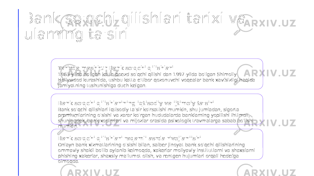 Bank so&#39;qchi qilishlari tarixi va ularning ta&#39;siri Tarixda mashhur Bank so&#39;qchi qilishlari 1963-yilda bo&#39;lgan katta poezd so&#39;qchi qilishi dan 1997-yilda bo&#39;lgan Shimoliy Hollywood kurashida, ushbu katta e&#39;tibor qozonuvchi voqealar bank xavfsizligi haqida jamiyatning tushunishiga duch kelgan. Bank so&#39;qchi qilishlarining iqtisodiy va ijtimoiy ta&#39;siri Bank so&#39;qchi qilishlari iqtisodiy ta&#39;sir ko&#39;rsatishi mumkin, shu jumladan, sigorta premiumlarining o&#39;sishi va zarar ko&#39;rgan hududalarda banklarning yopilishi ihtimoli, shuningdek, bank xodimlari va mijozlar orasida psixologik travmalarga sabab bo&#39;lishi mumkin. Bank so&#39;qchi qilishlari raqamli asrda rivojlaniishi Onlayn bank xizmatlarining o&#39;sishi bilan, saiber jinoyat bank so&#39;qchi qilishlarining ommaviy shakli bo&#39;lib aylanib kelmoqda, xakerlar moliyaviy institutlarni va shaxslarni phishing xakerlar, shaxsiy ma&#39;lumot olish, va rentgen hujumlari orqali hedefga olmoqda. 