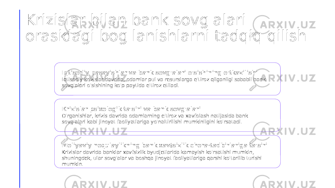 Krizislar bilan bank sovg&#39;alari orasidagi bog&#39;lanishlarni tadqiq qilish Iqtisodiy pasayishlar va bank sovg&#39;alari o&#39;sishining o&#39;tkazilishi Iqtisodiy krizislar davrida, odamlar pul va resurslarga e&#39;tiroz qilganligi sababli bank sovg&#39;alari o&#39;sishining ko&#39;p paytida e&#39;tiroz etiladi. Krizislar psixologik ta&#39;siri va bank sovg&#39;alari O&#39;rganishlar, krizis davrida odamlarning e&#39;tiroz va xavfolash natijasida bank sovg&#39;alari kabi jinoyat faoliyatlariga yo&#39;naltirilishi mumkinligini ko&#39;rsatadi. Moliyaviy noqulaylikning bank xavfsizlik chora-tadbirlariga ta&#39;siri Krizislar davrida banklar xavfsizlik byudjetlarida kamayish ko&#39;rsatishi mumkin, shuningdek, ular sovg&#39;alar va boshqa jinoyat faoliyatlariga qarshi ko&#39;tarilib turishi mumkin. 