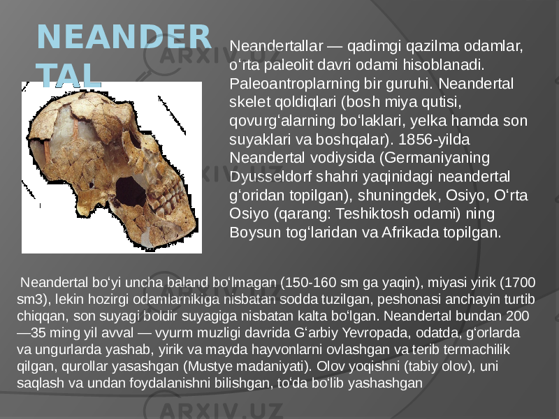  Neandertal boʻyi uncha baland boʻlmagan (150-160 sm ga yaqin), miyasi yirik (1700 sm3), lekin hozirgi odamlarnikiga nisbatan sodda tuzilgan, peshonasi anchayin turtib chiqqan, son suyagi boldir suyagiga nisbatan kalta boʻlgan. Neandertal bundan 200 —35 ming yil avval — vyurm muzligi davrida Gʻarbiy Yevropada, odatda, gʻorlarda va ungurlarda yashab, yirik va mayda hayvonlarni ovlashgan va terib termachilik qilgan, qurollar yasashgan (Mustye madaniyati). Olov yoqishni (tabiy olov), uni saqlash va undan foydalanishni bilishgan, toʻda boʻlib yashashgan NEANDER TAL Neandertallar — qadimgi qazilma odamlar, oʻrta paleolit davri odami hisoblanadi. Paleoantroplarning bir guruhi. Neandertal skelet qoldiqlari (bosh miya qutisi, qovurgʻalarning boʻlaklari, yelka hamda son suyaklari va boshqalar). 1856-yilda Neandertal vodiysida (Germaniyaning Dyusseldorf shahri yaqinidagi neandertal gʻoridan topilgan), shuningdek, Osiyo, Oʻrta Osiyo (qarang: Teshiktosh odami) ning Boysun togʻlaridan va Afrikada topilgan. 