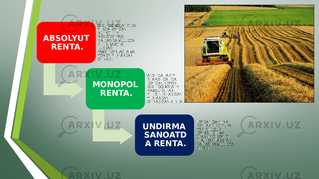 ABSOLYUT RENTA. • QISHLOQ XO’JALIGIDA YERGA BO’LGAN MULKCHILIK MONOPOLIYASI NATIJASIDA VUJUDGA KELIB,BARCHA TURDAGI- YAXSHI,O’RTACHA VA YOMON YERLARDAN OLINADI. MONOPOL RENTA. • ALOHIDA TABIIY SHAROITGA EGA BO’LGAN,NOYOB QISHLOQ XO’JALIK MAXSULOTLARI YETISHTIRILADIGAN YERLARDAN OLINADIGAN RENTA. UNDIRMA SANOATD A RENTA. • FOYDALI QAZILMA KONLARINING YUZA YOKI CHUQUR JOYLASHISHI VA ULARNING BOYLIGI JIHATIDAN FARQLAR NATIJASIDA VUJUDGA KELADI. 