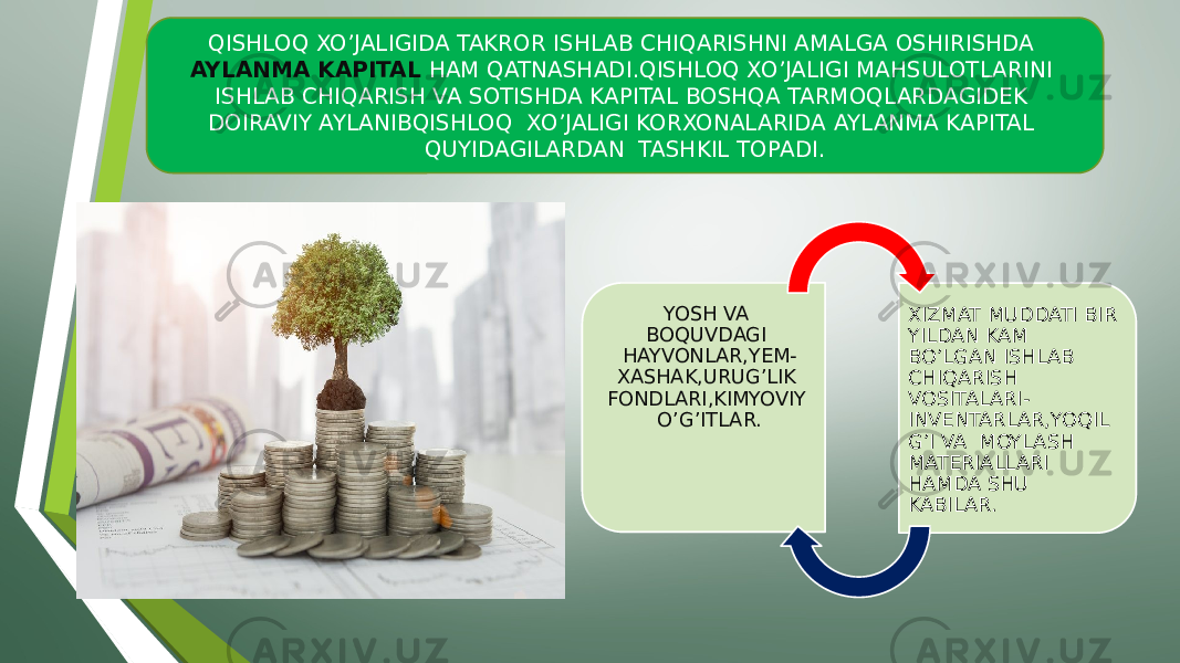 QISHLOQ XO’JALIGIDA TAKROR ISHLAB CHIQARISHNI AMALGA OSHIRISHDA AYLANMA KAPITAL HAM QATNASHADI.QISHLOQ XO’JALIGI MAHSULOTLARINI ISHLAB CHIQARISH VA SOTISHDA KAPITAL BOSHQA TARMOQLARDAGIDEK DOIRAVIY AYLANIBQISHLOQ XO’JALIGI KORXONALARIDA AYLANMA KAPITAL QUYIDAGILARDAN TASHKIL TOPADI. YOSH VA BOQUVDAGI HAYVONLAR,YEM- XASHAK,URUG’LIK FONDLARI,KIMYOVIY O’G’ITLAR. XIZMAT MUDDATI BIR YILDAN KAM BO’LGAN ISHLAB CHIQARISH VOSITALARI- INVENTARLAR,YOQIL G’I VA MOYLASH MATERIALLARI HAMDA SHU KABILAR. 