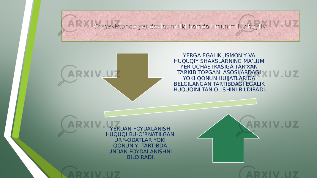 YERGA EGALIK JISMONIY VA HUQUQIY SHAXSLARNING MA’LUM YER UCHASTKASIGA TARIXAN TARKIB TOPGAN ASOSLARDAGI YOKI QONUN HUJJATLARIDA BELGILANGAN TARTIBDAGI EGALIK HUQUQINI TAN OLISHINI BILDIRADI. YERDAN FOYDALANISH HUQUQI BU-O’RNATILGAN URF-ODATLAR YOKI QONUNIY TARTIBDA UNDAN FOYDALANISHNI BILDIRADI.O’zbekistonda yer davlat mulki hamda umummilliy boylik. 