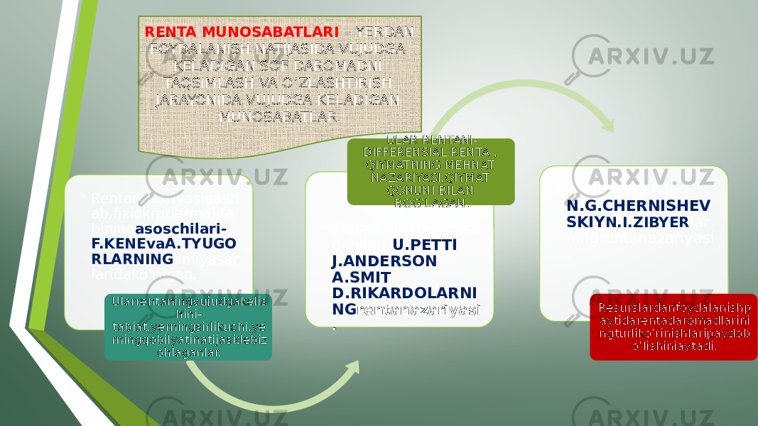 • Rentanazariyasidastl ab,fiziokratlarmakta bining asoschilari- F.KENEvaA.TYUGO RLARNING ilmiyasar laridako’rilgan. Ularrentaningvujudgakelis hini– tabiat,yerningsirlikuchi,ye rningqobilyatinatijasidebiz ohlaganlar. • Klassikmaktabiqtiso dchilari- U.PETTI J.ANDERSON A.SMIT D.RIKARDOLARNI NG rentanazariyasi . ULAR RENTANI- DIFFERENSIAL RENTA , QIYMATNING MEHNAT NAZARIYASI,QIYMAT QONUNI BILAN BOG’LAGAN. • Rusiqtisodchilari- N.G.CHERNISHEV SKIY N.I.ZIBYER lar ningrentanazariyasi . Resurslardanfoydalanishp aytidarentadaromadlarini ngturliko’rinishlaripaydob o’lishiniaytadi.RENTA MUNOSABATLARI – YERDAN FOYDALANISH NATIJASIDA VUJUDGA KELADIGAN SOF DAROMADNI TAQSIMLASH VA O’ZLASHTIRISH JARAYONIDA VUJUDGA KELADIGAN MUNOSABATLAR. 