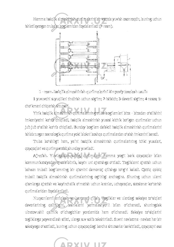 Hamma issiqlik almashinish qurilmalarini bir vaqtda yuvish osonroqdir, buning uchun ishlatilayotgan trubalar bog‘lamidan foydalaniladi (2-rasm ). 1 - rasm. Issiqlik almashinish qurilmalarini kimyoviy tozalash usuli : 1-yuvuvchi suyuqlikni tindirish uchun sig‘im; 2-isitkich; 3-devorli sig‘im; 4-nasos; 5- cho‘kmani chiqarish shtutseri . Yirik issiqlik almashinish qurilmalarining truba bog‘lamlari bitta - bittadan o‘zilishini imkoniyatini ko‘rib chiqiladi, issiqlik almashinish yuzasi kichik bo‘lgan qurilmalar uchun juft-juft o‘zilish ko‘rib chiqiladi. Bunday bog‘lam defektli issiqlik almashinish qurilmalarini ishlab turgan texnologik qurilma yoki blokni boshqa qurilmalardan o‘zish imkonini beradi. Truba bo‘shlig‘i ham, ya`ni issiqlik almashinish qurilmalarining ichki yuzalari, qopqoqlari va qurilma xuddi shunday yuviladi . Ajratish. Yuvilgandan so‘ng, qurilmalarni hamma yog‘i berk qopqoqlar bilan kommunikatsiyadan ajratib olinib, keyin uni ajratishga o‘tiladi. Tagliklarni ajratish uchun bahzan trubali bog‘lamning bir qismini demontaj qilishga to‘g‘ri keladi. Qattiq qobiq trubali issiqlik almashinish qurilmalarining og‘irligi anchagina. Shuning uchun ularni qismlarga ajratish va keyinchalik o‘rnatish uchun kranlar, uchoyoqlar, statsionar ko‘tarish qurilmalaridan foydalaniladi . Nuqsonlarni aniqlash va bartaraf qilish . Tagliklar va ulardagi seksiya to‘siqlari devorlarining qalinligini, teshiklarni parmalashyo‘li bilan o‘lchanadi, shuningdek ultratovushli qalinlik o‘lchagichlar yordamida ham o‘lchanadi. Seksiya to‘siqlarini tagliklarga payvandlash sifati, ularga suv solib tekshiriladi. Suvni navbatma -navbat har bir seksiyaga o‘zatiladi, buning uchun qopqoqdagi barcha shtutserlar berkitiladi, qopqoqni esa 