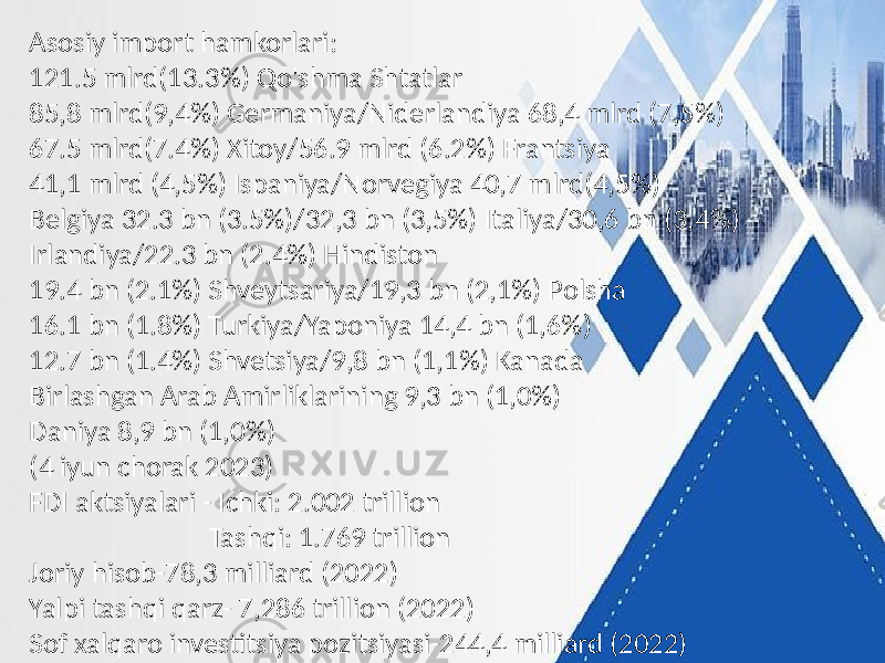 Asosiy import hamkorlari: 121.5 mlrd(13.3%) Qo&#39;shma Shtatlar 85,8 mlrd(9,4%) Germaniya/Niderlandiya 68,4 mlrd (7,5%) 67.5 mlrd(7.4%) Xitoy/56.9 mlrd (6.2%) Frantsiya 41,1 mlrd (4,5%) Ispaniya/Norvegiya 40,7 mlrd(4,5%) Belgiya 32.3 bn (3.5%)/32,3 bn (3,5%) Italiya/30,6 bn (3,4%) Irlandiya/22.3 bn (2.4%) Hindiston 19.4 bn (2.1%) Shveytsariya/19,3 bn (2,1%) Polsha 16.1 bn (1.8%) Turkiya/Yaponiya 14,4 bn (1,6%) 12.7 bn (1.4%) Shvetsiya/9,8 bn (1,1%) Kanada Birlashgan Arab Amirliklarining 9,3 bn (1,0%) Daniya 8,9 bn (1,0%) (4 iyun chorak 2023) FDI aktsiyalari - Ichki: 2.002 trillion Tashqi: 1.769 trillion Joriy hisob-78,3 milliard (2022) Yalpi tashqi qarz- 7,286 trillion (2022) Sof xalqaro investitsiya pozitsiyasi-244,4 milliard (2022) 