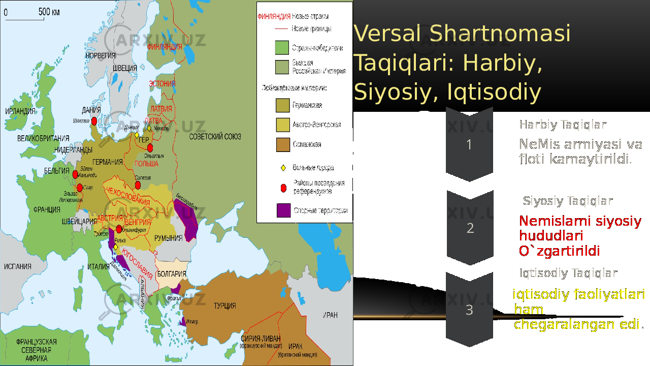 Versal Shartnomasi Taqiqlari: Harbiy, Siyosiy, Iqtisodiy Harbiy Taqiqlar NeMis armiyasi va floti kamaytirildi . Siyosiy Taqiqlar Nemislarni siyosiy hududlari O`zgartirildi Iqtisodiy Taqiqlar iqtisodiy faoliyatlari ham chegaralangan edi . 