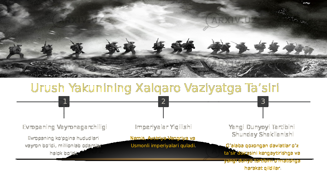 Urush Yakunining Xalqaro Vaziyatga Taʼsiri 1 Evropaning Vayronagarchiligi Evropaning ko&#39;pgina hududlari vayron bo&#39;ldi, millionlab odamlar halok bo&#39;ldi. 2 Imperiyalar Yiqilishi Nemis, Avstriya-Vengriya va Usmonli imperiyalari quladi . 3 Yangi Dunyoyi Tartibini Shunday Shakllanishi Gʻalaba qozongan davlatlar oʻz taʼsir doirasini kengaytirishga va yangi dunyo tartibini oʻrnatishga harakat qildilar . 