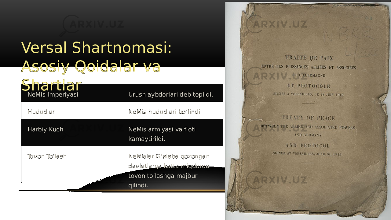 Versal Shartnomasi: Asosiy Qoidalar va Shartlar NeMis Imperiyasi Urush aybdorlari deb topildi. Hududlar NeMis hududlari boʻlindi. Harbiy Kuch NeMis armiyasi va floti kamaytirildi. Tovon Toʻlash NeMislar Gʻalaba qozongan davlatlarga katta miqdorda tovon toʻlashga majbur qilindi. 