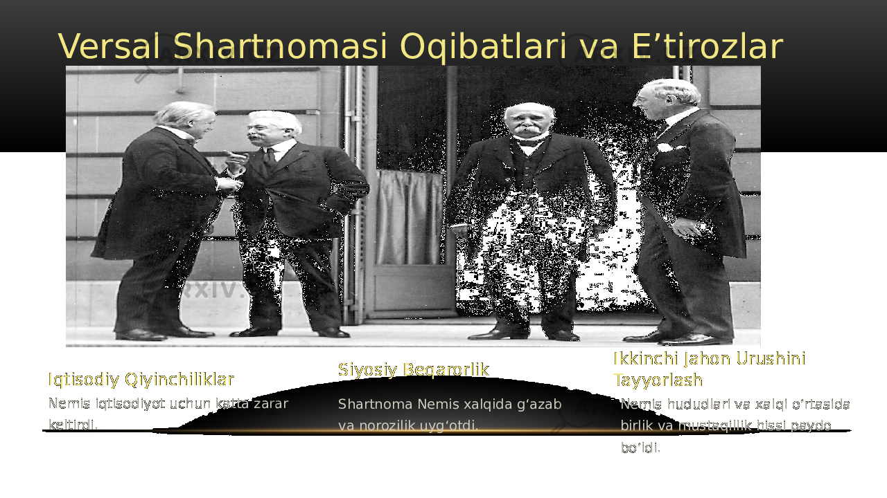 Versal Shartnomasi Oqibatlari va Eʼtirozlar Iqtisodiy Qiyinchiliklar Nemis iqtisodiyot uchun katta zarar keltirdi. Siyosiy Beqarorlik Shartnoma Nemis xalqida gʻazab va norozilik uygʻotdi. Ikkinchi Jahon Urushini Tayyorlash Nemis hududlari va xalqi oʻrtasida birlik va mustaqillik hissi paydo boʻldi. 
