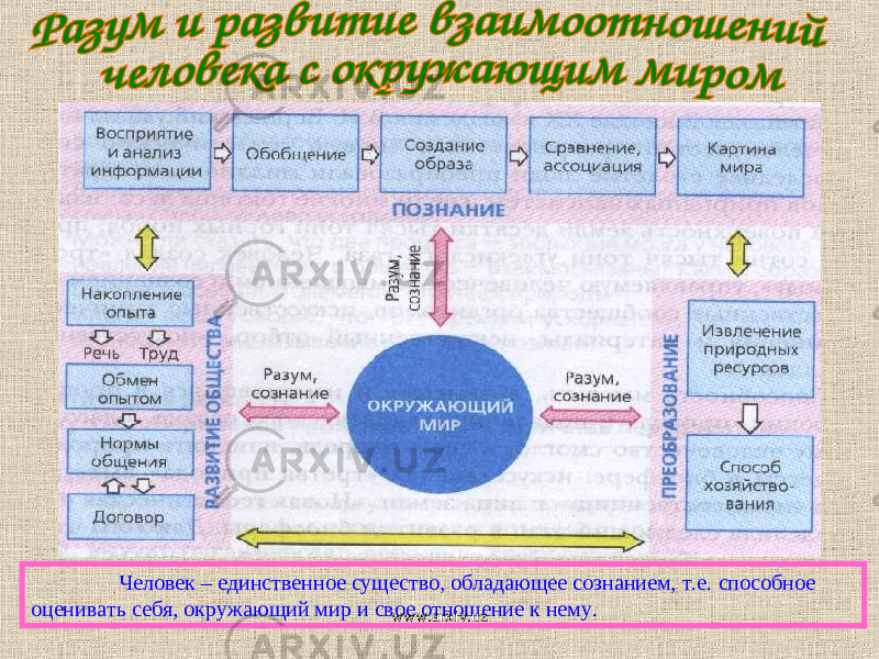 Человек – единственное существо, обладающее сознанием, т.е. способное оценивать себя, окружающий мир и свое отношение к нему. www.arxiv.uz 