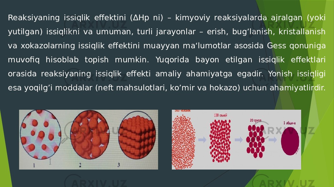 Reaksiyaning issiqlik effektini (ΔHр ni) – kimyoviy reaksiyalarda ajralgan (yoki yutilgan) issiqlikni va umuman, turli jarayonlar – erish, bug’lanish, kristallanish va xokazolarning issiqlik effektini muayyan ma‘lumotlar asosida Gess qonuniga muvofiq hisoblab topish mumkin. Yuqorida bayon etilgan issiqlik effektlari orasida reaksiyaning issiqlik effekti amaliy ahamiyatga egadir. Yonish issiqligi esa yoqilg’i moddalar (neft mahsulotlari, ko’mir va hokazo) uchun ahamiyatlirdir. 