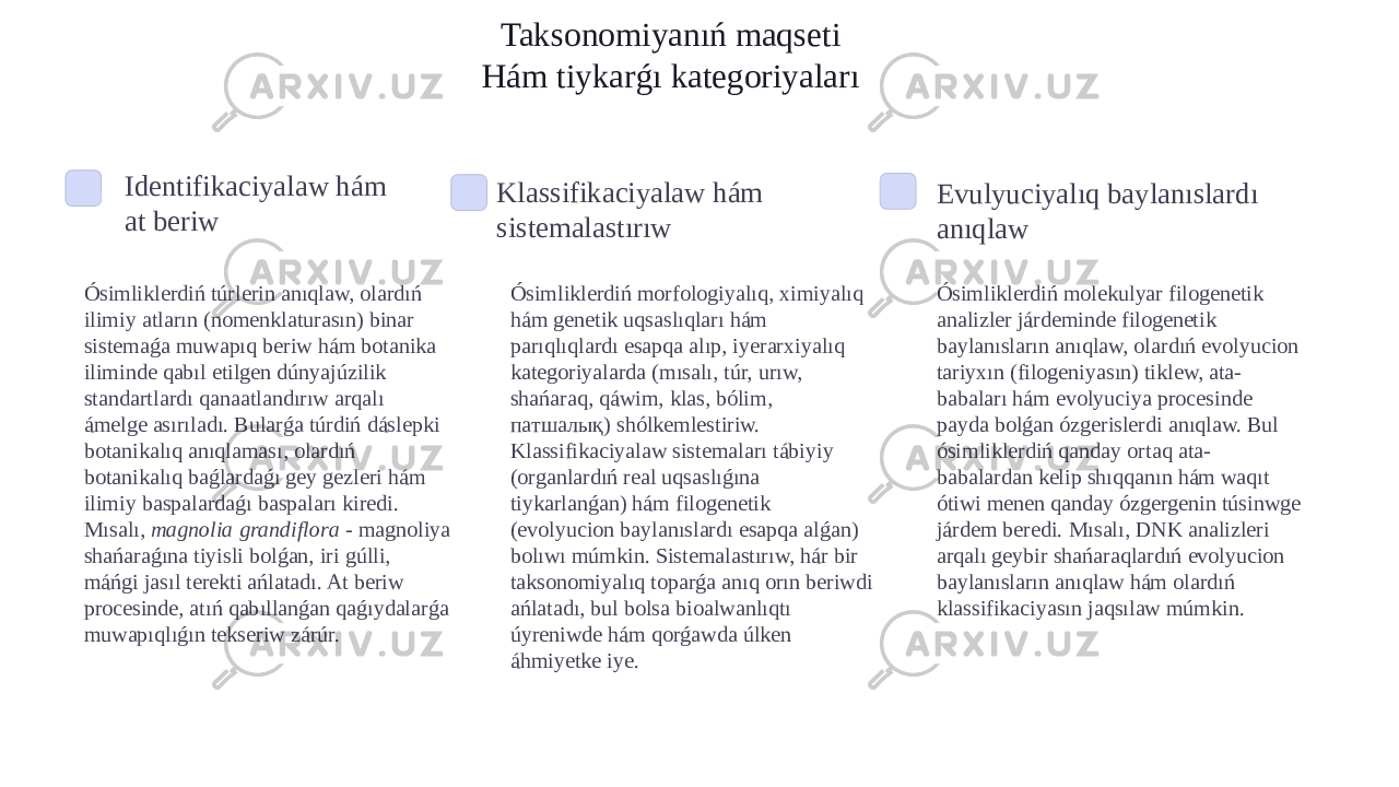 Taksonomiyanıń maqseti Hám tiykarǵı kategoriyaları Identifikaciyalaw hám at beriw Ósimliklerdiń túrlerin anıqlaw, olardıń ilimiy atların (nomenklaturasın) binar sistemaǵa muwapıq beriw hám botanika iliminde qabıl etilgen dúnyajúzilik standartlardı qanaatlandırıw arqalı ámelge asırıladı. Bularǵa túrdiń dáslepki botanikalıq anıqlaması, olardıń botanikalıq baǵlardaǵı gey gezleri hám ilimiy baspalardaǵı baspaları kiredi. Mısalı, magnolia grandiflora - magnoliya shańaraǵına tiyisli bolǵan, iri gúlli, máńgi jasıl terekti ańlatadı. At beriw procesinde, atıń qabıllanǵan qaǵıydalarǵa muwapıqlıǵın tekseriw zárúr. Klassifikaciyalaw hám sistemalastırıw Ósimliklerdiń morfologiyalıq, ximiyalıq hám genetik uqsaslıqları hám parıqlıqlardı esapqa alıp, iyerarxiyalıq kategoriyalarda (mısalı, túr, urıw, shańaraq, qáwim, klas, bólim, патшалық) shólkemlestiriw. Klassifikaciyalaw sistemaları tábiyiy (organlardıń real uqsaslıǵına tiykarlanǵan) hám filogenetik (evolyucion baylanıslardı esapqa alǵan) bolıwı múmkin. Sistemalastırıw, hár bir taksonomiyalıq toparǵa anıq orın beriwdi ańlatadı, bul bolsa bioalwanlıqtı úyreniwde hám qorǵawda úlken áhmiyetke iye. Evulyuciyalıq baylanıslardı anıqlaw Ósimliklerdiń molekulyar filogenetik analizler járdeminde filogenetik baylanısların anıqlaw, olardıń evolyucion tariyxın (filogeniyasın) tiklew, ata- babaları hám evolyuciya procesinde payda bolǵan ózgerislerdi anıqlaw. Bul ósimliklerdiń qanday ortaq ata- babalardan kelip shıqqanın hám waqıt ótiwi menen qanday ózgergenin túsinwge járdem beredi. Mısalı, DNK analizleri arqalı geybir shańaraqlardıń evolyucion baylanısların anıqlaw hám olardıń klassifikaciyasın jaqsılaw múmkin. 