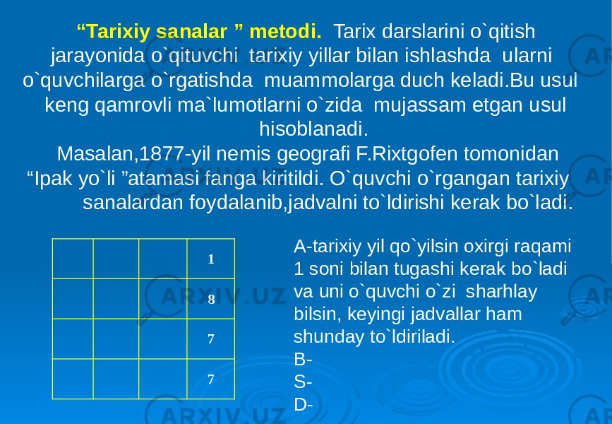  “ Tarixiy sanalar ” metodi. Tarix darslarini o`qitish jarayonida o`qituvchi tarixiy yillar bilan ishlashda ularni o`quvchilarga o`rgatishda muammolarga duch keladi.Bu usul keng qamrovli ma`lumotlarni o`zida mujassam etgan usul hisoblanadi. Masalan,1877-yil nemis geografi F.Rixtgofen tomonidan “Ipak yo`li ”atamasi fanga kiritildi. O`quvchi o`rgangan tarixiy sanalardan foydalanib,jadvalni to`ldirishi kerak bo`ladi. А-tarixiy yil qo`yilsin oxirgi raqami 1 soni bilan tugashi kerak bo`ladi va uni o`quvchi o`zi sharhlay bilsin, keyingi jadvallar ham shunday to`ldiriladi. B- S- D-1 8 7 7 